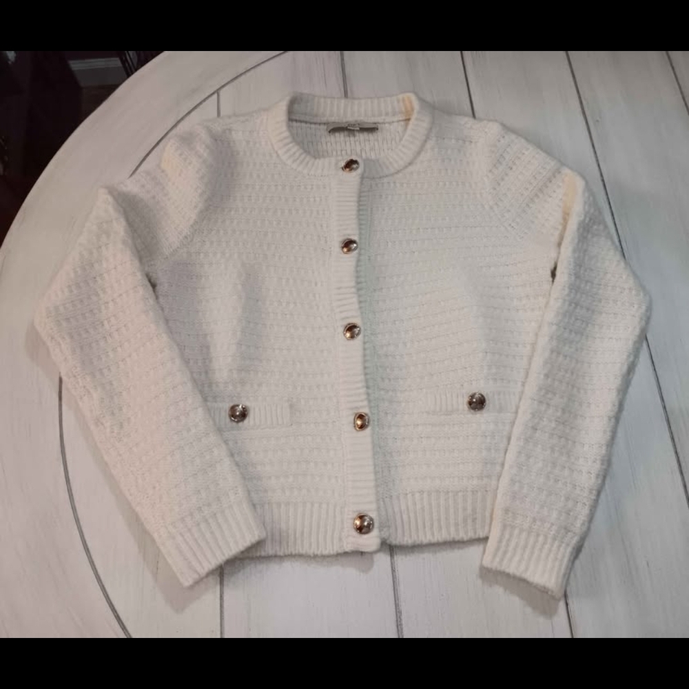 Women's Medium LOFT Cream Textured Cardigan with Gold Buttons